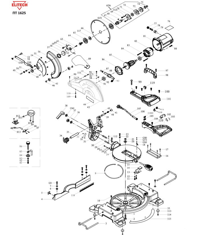 ЗАПЧАСТИ ДЛЯ ПИЛЫ ТОРЦОВОЧНОЙ ЭЛЕКТРИЧЕСКОЙ ELITECH ПТ 1625