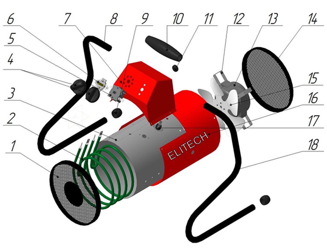 ЗАПЧАСТИ ДЛЯ НАГРЕВАТЕЛЯ ЭЛЕКТРИЧЕСКОГО (ТЕПЛОВЕНТИЛЯТОРА) ELITECH ТП 2ЕКМ (2014 ГОД)