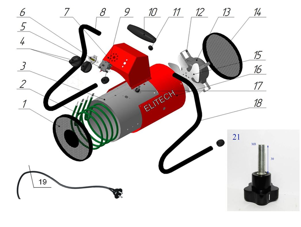 ЗАПЧАСТИ ДЛЯ НАГРЕВАТЕЛЯ ЭЛЕКТРИЧЕСКОГО (ТЕПЛОВЕНТИЛЯТОРА) ELITECH ТП 3ЕКМ