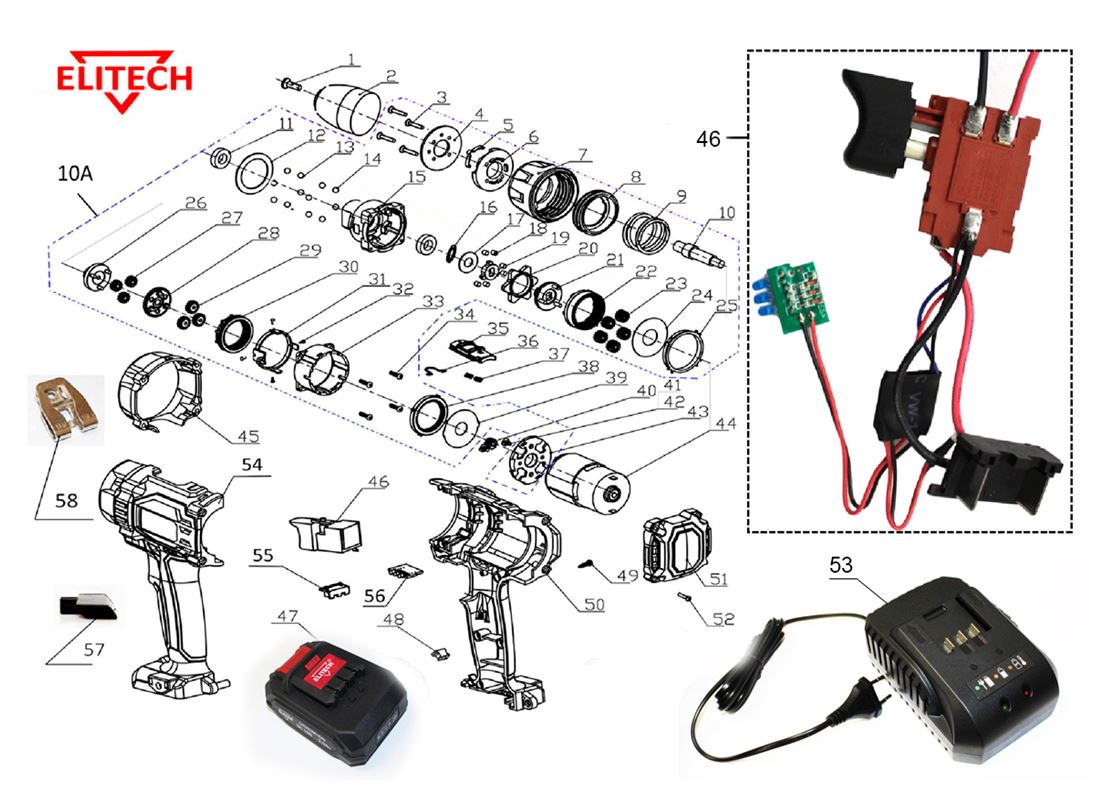 ЗАПЧАСТИ ДЛЯ ДРЕЛИ-ШУРУПОВЕРТА АККУМУЛЯТОРНОГО ELITECH ДА 18СЛ2 (2.0 Ah)