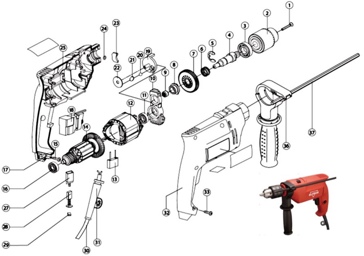 ЗАПЧАСТИ ДЛЯ ДРЕЛИ УДАРНОЙ ЭЛЕКТРИЧЕСКОЙ ELITECH ЕД 0610
