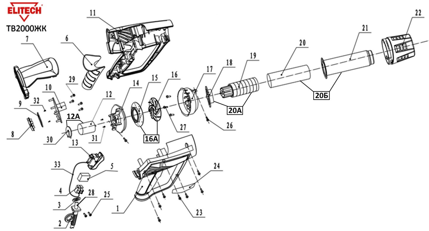 ЗАПЧАСТИ ДЛЯ ФЕНА ТЕХНИЧЕСКОГО ЭЛЕКТРИЧЕСКОГО ELITECH ТВ 2000ЖК (2018 ГОД)