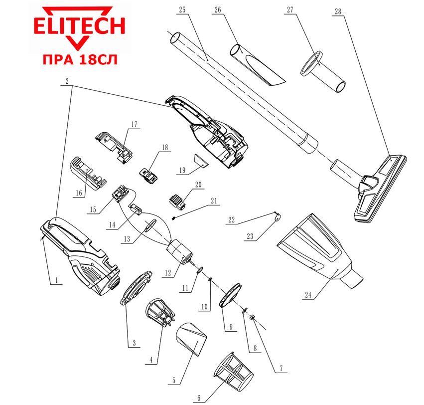 ЗАПЧАСТИ ДЛЯ ПЫЛЕСОСА АККУМУЛЯТОРНОГО ELITECH ПРА 18СЛ