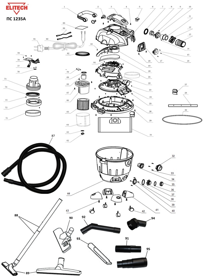 ЗАПЧАСТИ ДЛЯ ПЫЛЕСОСА УНИВЕРСАЛЬНОГО ЭЛЕКТРИЧЕСКОГО ELITECH ПС 1235А