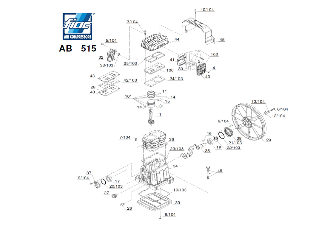 ЗАПЧАСТИ ДЛЯ КОМПРЕССОРА ПОРШНЕВОГО ELITECH KP50/AB515/3T (ДО 01.2013 ГОДА) (ДЕТАЛИРОВКА БЛОКА ПОРШНЕВОГО)