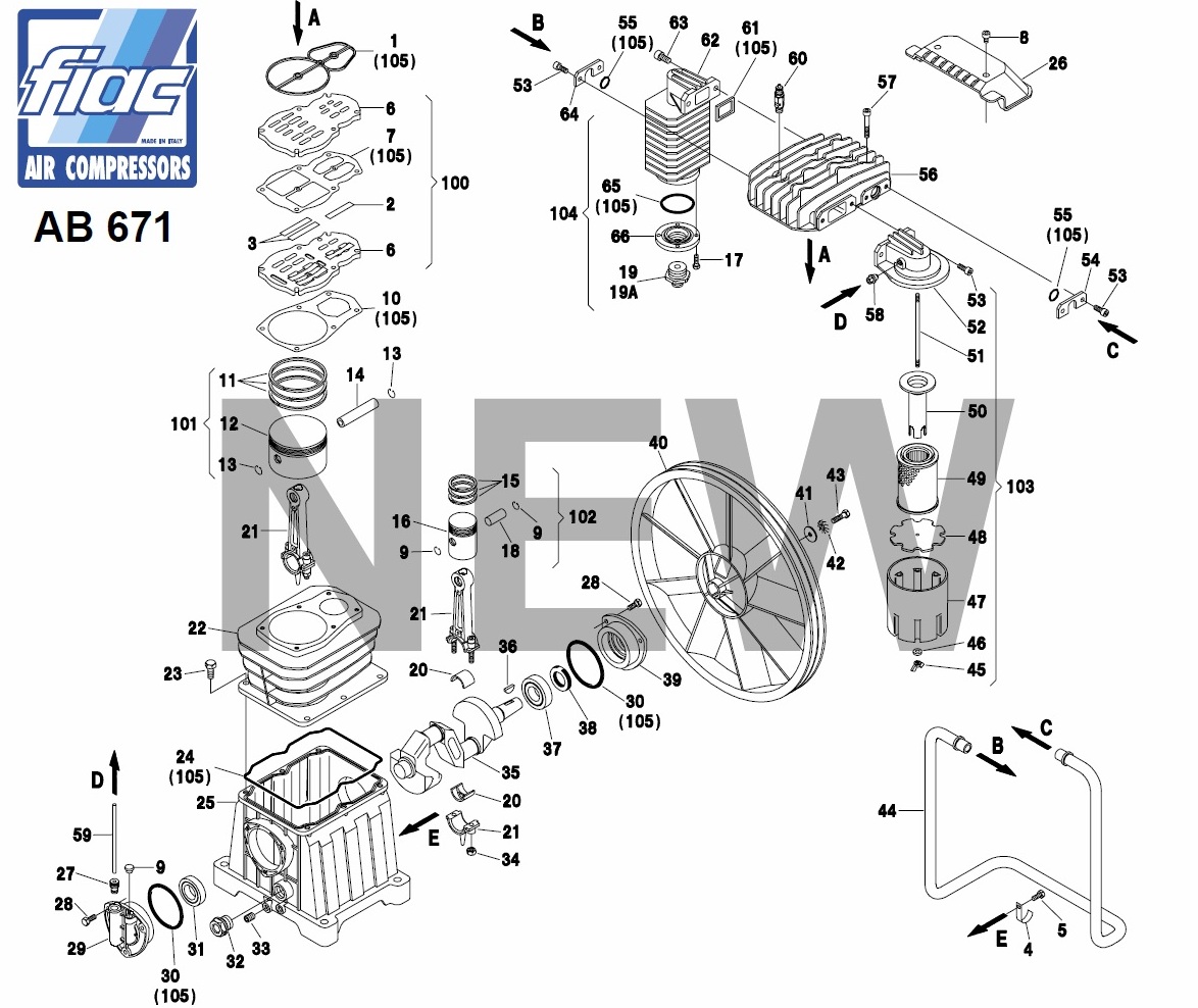 ЗАПЧАСТИ ДЛЯ КОМПРЕССОРА ПОРШНЕВОГО ELITECH KP100/AB670/4T (ДЕТАЛИРОВКА БЛОКА ПОРШНЕВОГО)