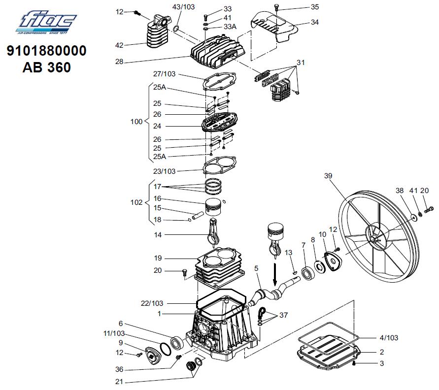 ЗАПЧАСТИ ДЛЯ КОМПРЕССОРА ПОРШНЕВОГО ELITECH KP50/AB360/2.2 (С 10.2015 ГОДА) (ДЕТАЛИРОВКА БЛОКА ПОРШНЕВОГО)