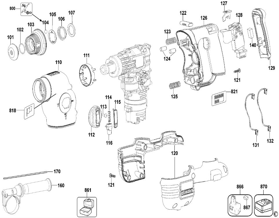 ЗАПЧАСТИ ДЛЯ ПЕРФОРАТОРА АККУМУЛЯТОРНОГО DEWALT DC213KL TYPE 2 (КОРПУС ПЕРФОРАТОРА)