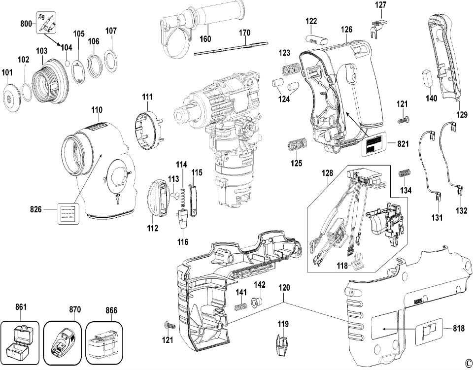 ЗАПЧАСТИ ДЛЯ ПЕРФОРАТОРА АККУМУЛЯТОРНОГО DEWALT DC228KL TYPE 1 (КОРПУС ПЕРФОРАТОРА)