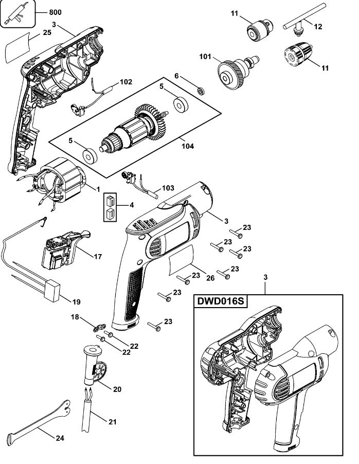 ЗАПЧАСТИ ДЛЯ ДРЕЛИ БЕЗУДАРНОЙ ЭЛЕКТРИЧЕСКОЙ DEWALT DWD014 TYPE 1