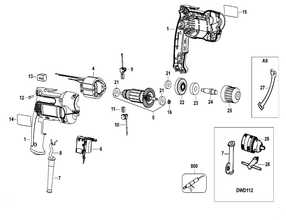 ЗАПЧАСТИ ДЛЯ ДРЕЛИ БЕЗУДАРНОЙ ЭЛЕКТРИЧЕСКОЙ DEWALT DWD112 TYPE 1