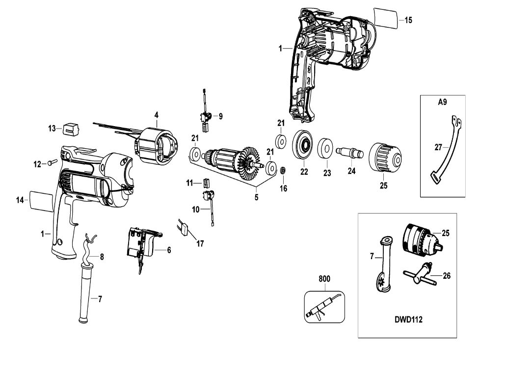 ЗАПЧАСТИ ДЛЯ ДРЕЛИ БЕЗУДАРНОЙ ЭЛЕКТРИЧЕСКОЙ DEWALT DWD112 TYPE 2