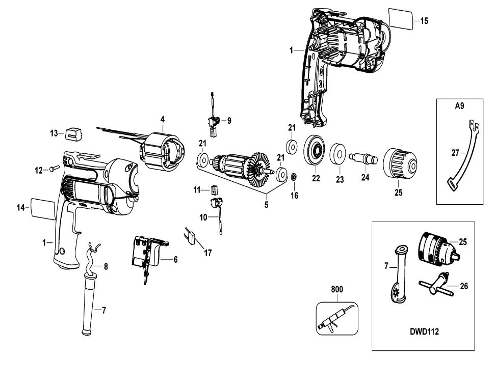 ЗАПЧАСТИ ДЛЯ ДРЕЛИ БЕЗУДАРНОЙ ЭЛЕКТРИЧЕСКОЙ DEWALT DWD112S TYPE 2