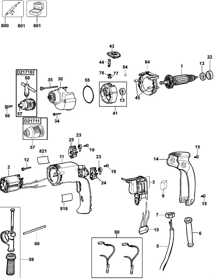 ЗАПЧАСТИ ДЛЯ ДРЕЛИ УДАРНОЙ ЭЛЕКТРИЧЕСКОЙ DEWALT D21710 TYPE 5