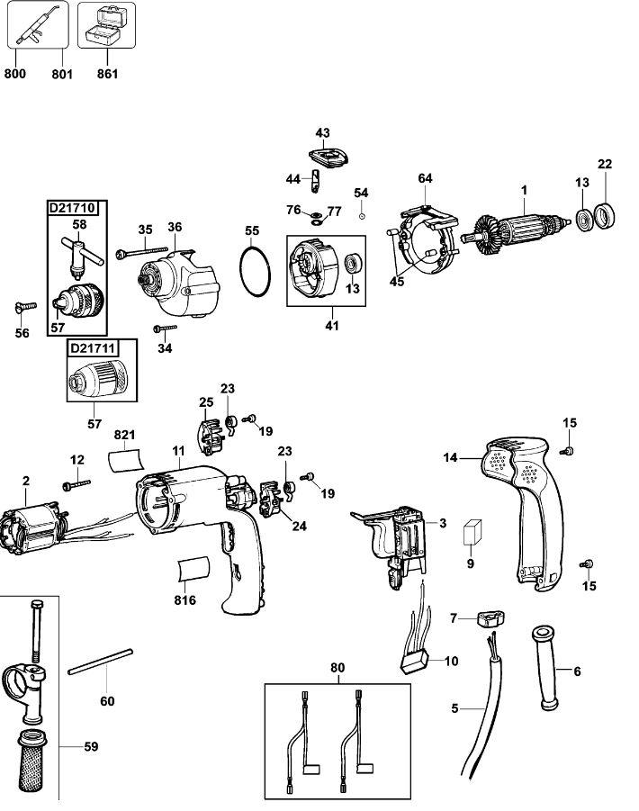 ЗАПЧАСТИ ДЛЯ ДРЕЛИ УДАРНОЙ ЭЛЕКТРИЧЕСКОЙ DEWALT D21710 TYPE 6