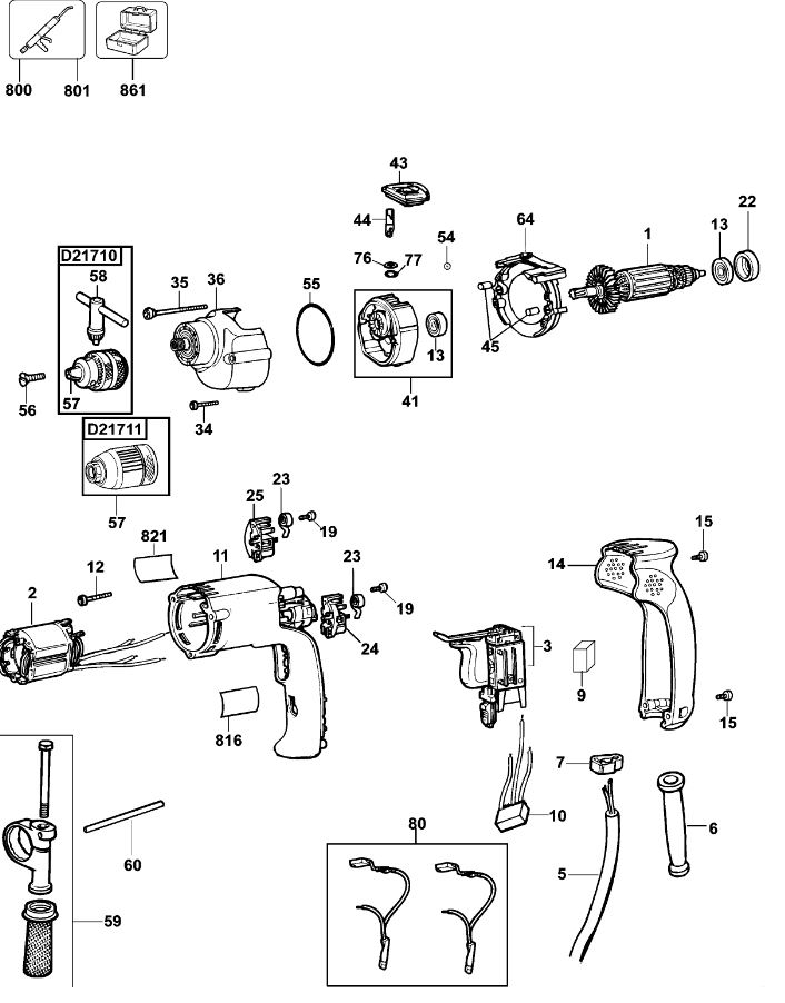 ЗАПЧАСТИ ДЛЯ ДРЕЛИ УДАРНОЙ ЭЛЕКТРИЧЕСКОЙ DEWALT D21711 TYPE 5