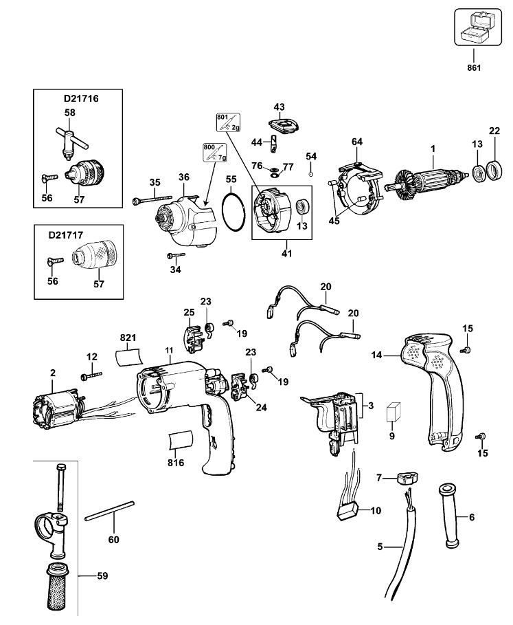 ЗАПЧАСТИ ДЛЯ ДРЕЛИ УДАРНОЙ ЭЛЕКТРИЧЕСКОЙ DEWALT D21717K TYPE 10