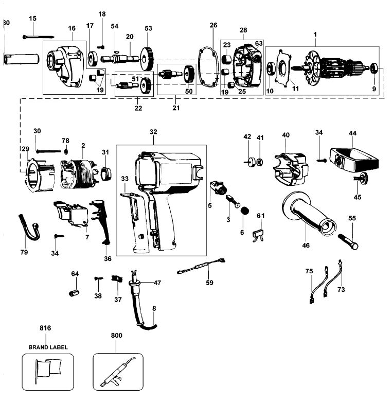 ЗАПЧАСТИ ДЛЯ ДРЕЛИ-МИКСЕРА ЭЛЕКТРИЧЕСКОГО DEWALT DW134 TYPE 1