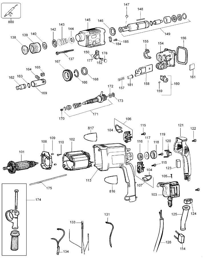 ЗАПЧАСТИ ДЛЯ ПЕРФОРАТОРА ЭЛЕКТРИЧЕСКОГО DEWALT D25003K TYPE 2