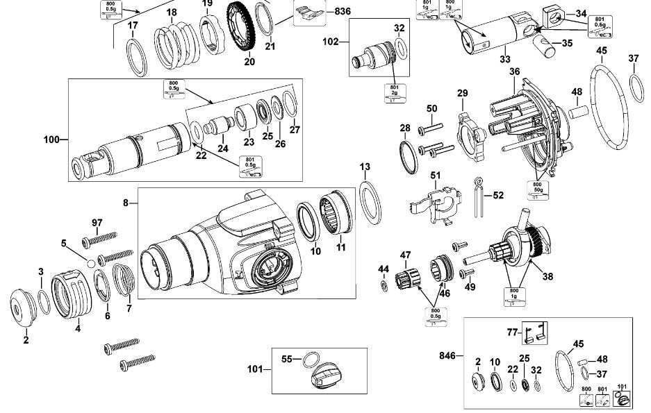 ЗАПЧАСТИ ДЛЯ ПЕРФОРАТОРА ЭЛЕКТРИЧЕСКОГО DEWALT D25033 TYPE 1 (РЕДУКТОР)