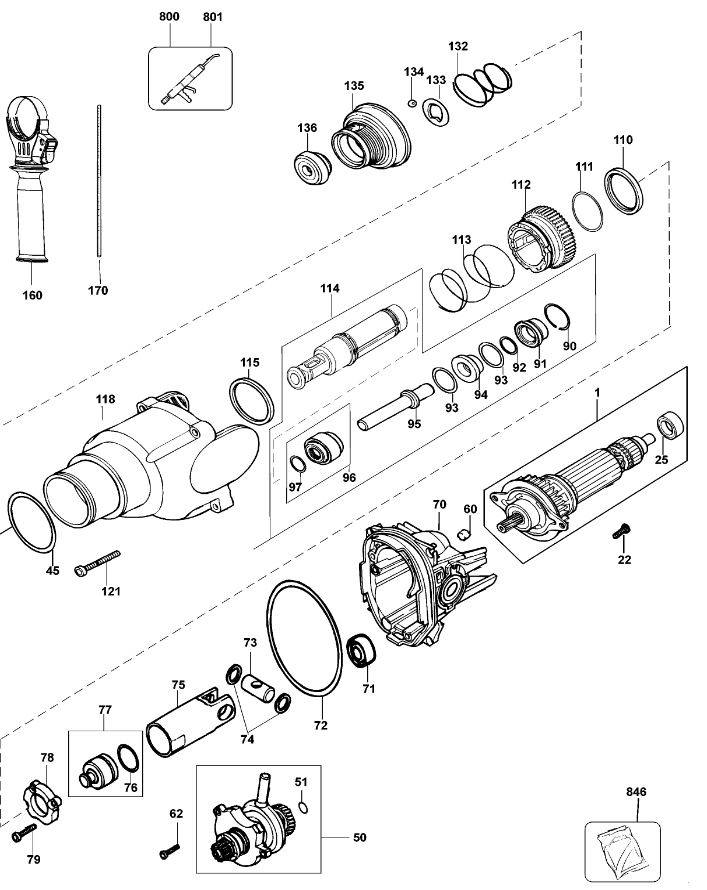 ЗАПЧАСТИ ДЛЯ ПЕРФОРАТОРА ЭЛЕКТРИЧЕСКОГО DEWALT D25101K TYPE 1 (РЕДУКТОР)