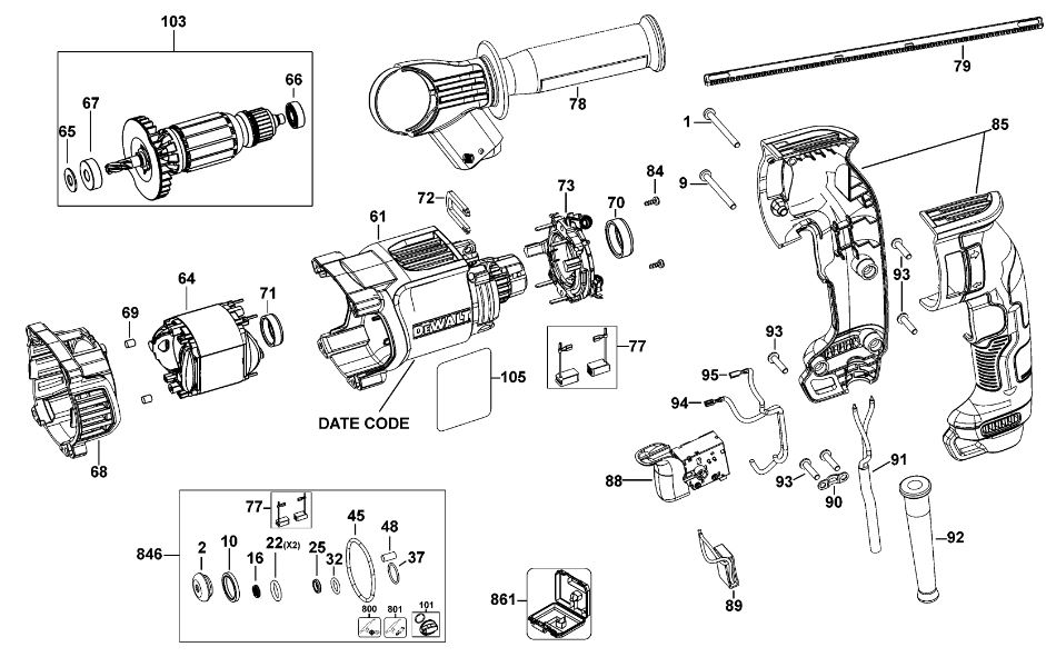 ЗАПЧАСТИ ДЛЯ ПЕРФОРАТОРА ЭЛЕКТРИЧЕСКОГО DEWALT D25143 TYPE 1 (КОРПУС И МОТОР)