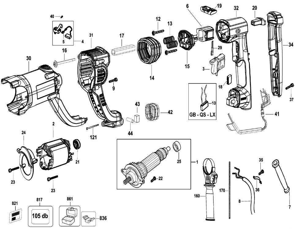 ЗАПЧАСТИ ДЛЯ ПЕРФОРАТОРА ЭЛЕКТРИЧЕСКОГО DEWALT D25223K TYPE 2 (КОРПУС И МОТОР)