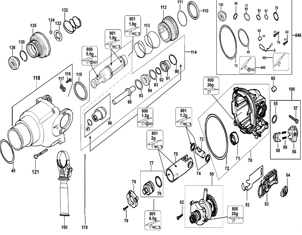 ЗАПЧАСТИ ДЛЯ ПЕРФОРАТОРА ЭЛЕКТРИЧЕСКОГО DEWALT D25313K TYPE 2 (РЕДУКТОР)