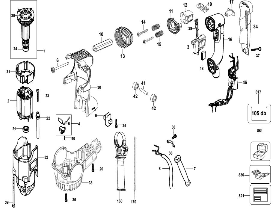 ЗАПЧАСТИ ДЛЯ ПЕРФОРАТОРА ЭЛЕКТРИЧЕСКОГО DEWALT D25323K TYPE 2 (КОРПУС И МОТОР)