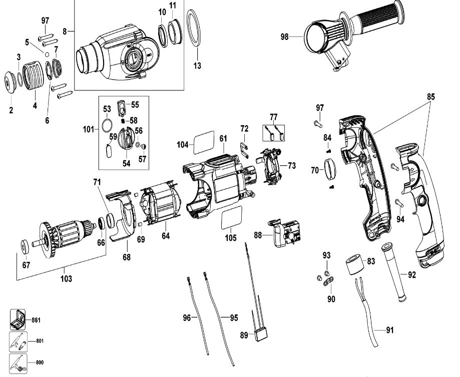 ЗАПЧАСТИ ДЛЯ ПЕРФОРАТОРА ЭЛЕКТРИЧЕСКОГО DEWALT DWEN101K TYPE 1 (КОРПУС И МОТОР)