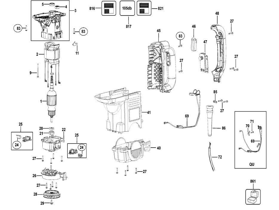 ЗАПЧАСТИ ДЛЯ ПЕРФОРАТОРА ЭЛЕКТРИЧЕСКОГО DEWALT D25501K TYPE 1 (КОРПУС И МОТОР)