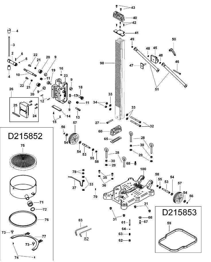 ЗАПЧАСТИ К СТОЙКЕ ДЛЯ ДРЕЛИ АЛМАЗНОГО СВЕРЛЕНИЯ DEWALT D215851 TYPE 1