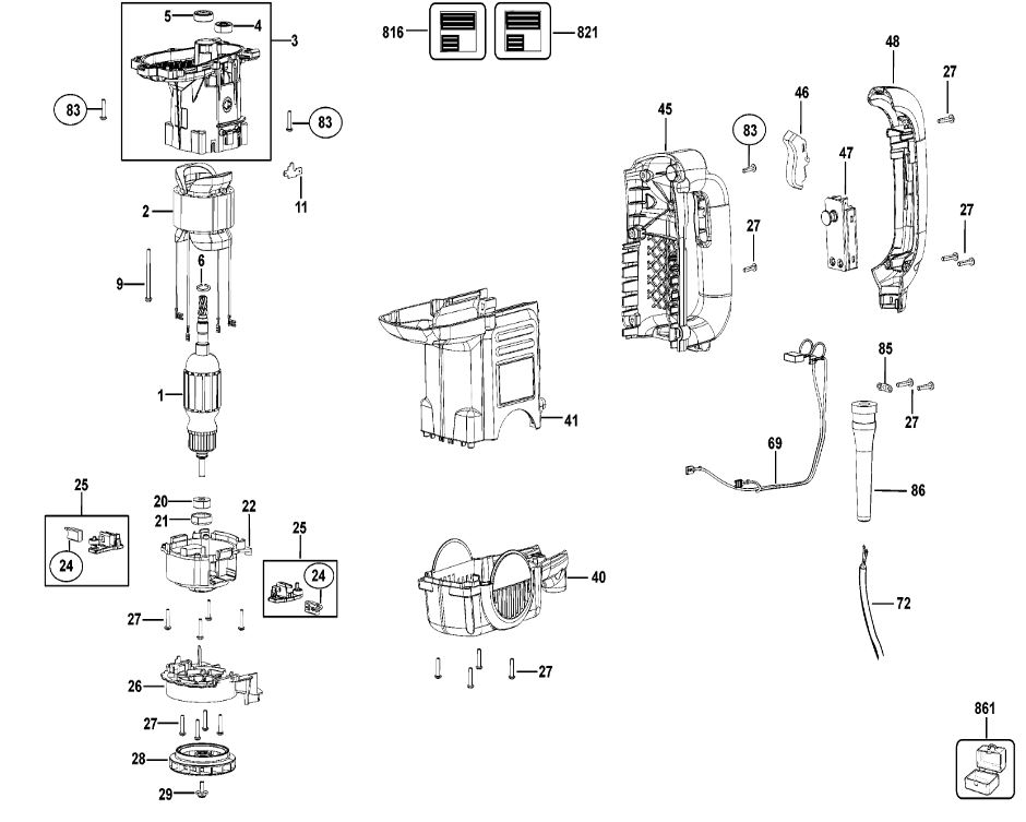 ЗАПЧАСТИ ДЛЯ МОЛОТКА ОТБОЙНОГО ЭЛЕКТРИЧЕСКОГО DEWALT D25820K TYPE 1 (КОРПУС И МОТОР)