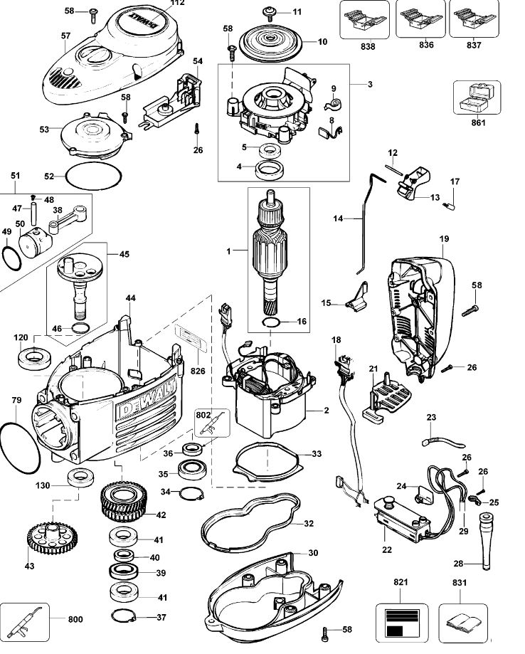 ЗАПЧАСТИ ДЛЯ МОЛОТКА ОТБОЙНОГО ЭЛЕКТРИЧЕСКОГО DEWALT D25900K TYPE 1 (КОРПУС И МОТОР)