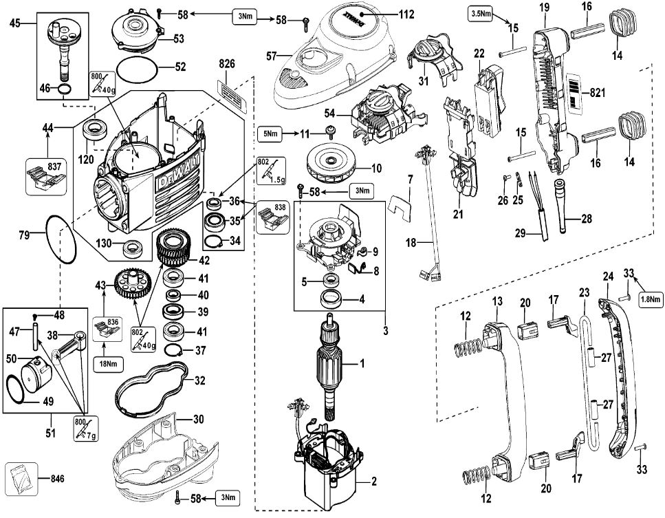 ЗАПЧАСТИ ДЛЯ МОЛОТКА ОТБОЙНОГО ЭЛЕКТРИЧЕСКОГО DEWALT D25901K TYPE 1 (МОТОР)