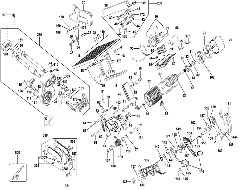 ЗАПЧАСТИ ДЛЯ ПИЛЫ КОМБИНИРОВАННОЙ ЭЛЕКТРИЧЕСКОЙ DEWALT D27111 TYPE 1 (МОТОР И СТОЛ)