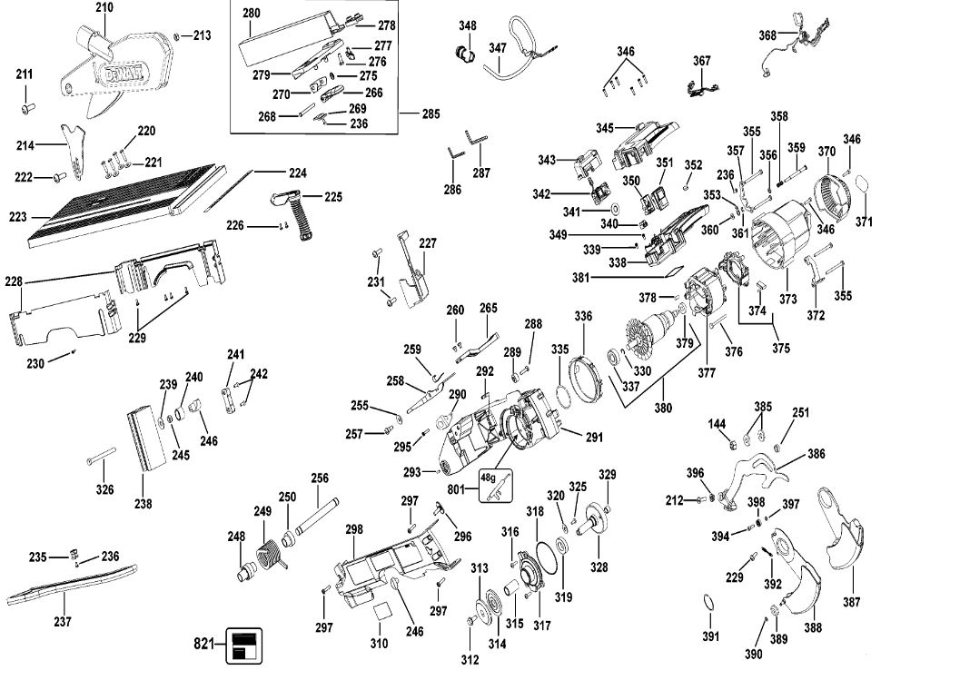 ЗАПЧАСТИ ДЛЯ ПИЛЫ КОМБИНИРОВАННОЙ ЭЛЕКТРИЧЕСКОЙ DEWALT D27113 TYPE 1 (МОТОР И СТОЛ)