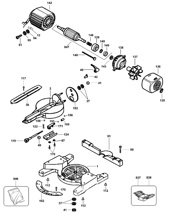 ЗАПЧАСТИ ДЛЯ ПИЛЫ КОМБИНИРОВАННОЙ ЭЛЕКТРИЧЕСКОЙ DEWALT DW711 TYPE 2 (МОТОР И ОСНОВАНИЕ)