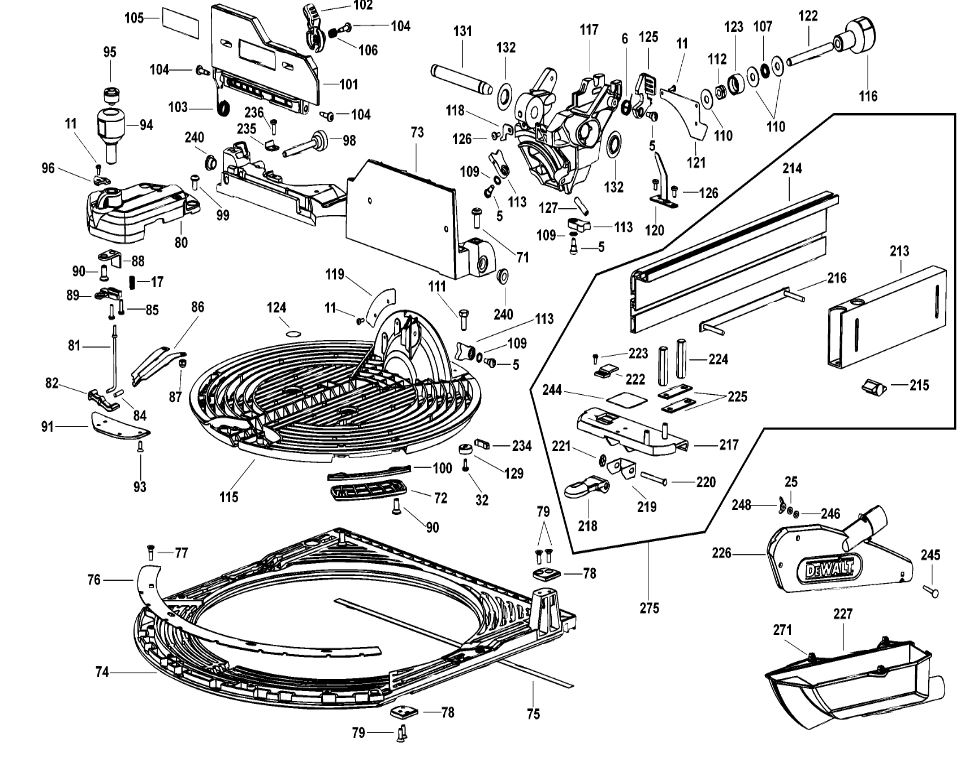 ЗАПЧАСТИ ДЛЯ ПИЛЫ КОМБИНИРОВАННОЙ ЭЛЕКТРИЧЕСКОЙ DEWALT D27105 TYPE 1 (ОСНОВАНИЕ)