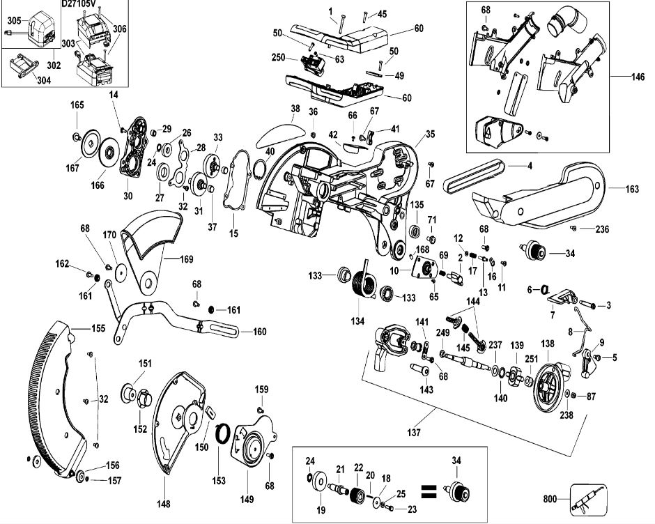 ЗАПЧАСТИ ДЛЯ ПИЛЫ КОМБИНИРОВАННОЙ ЭЛЕКТРИЧЕСКОЙ DEWALT D27105 TYPE 1 (КОРПУС И КОЖУХ)