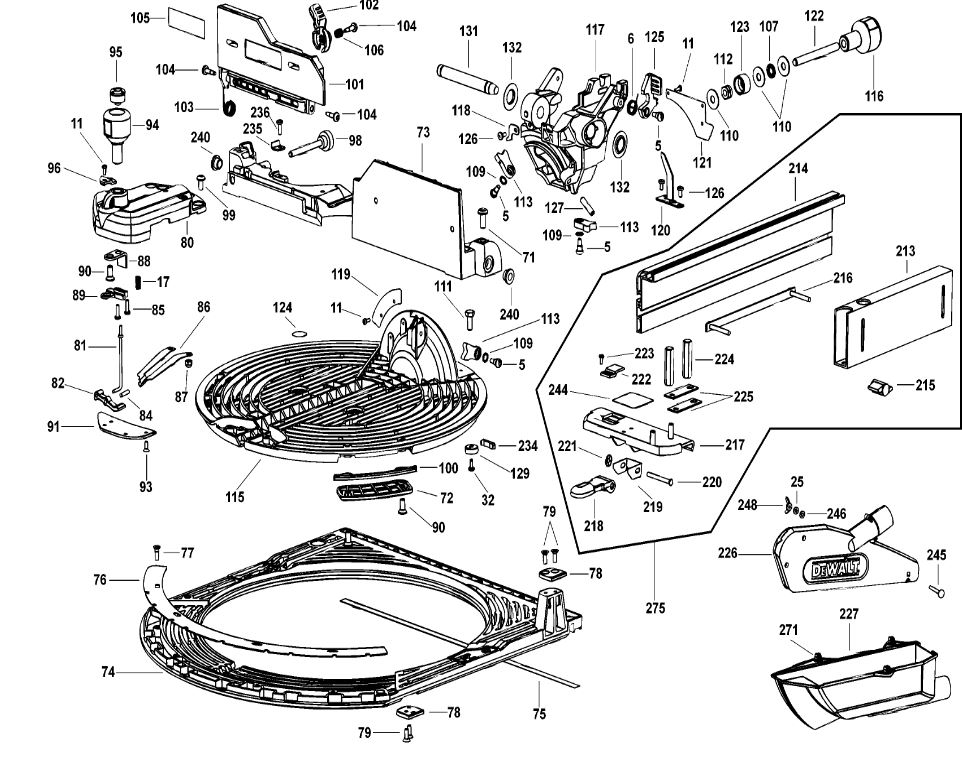 ЗАПЧАСТИ ДЛЯ ПИЛЫ КОМБИНИРОВАННОЙ ЭЛЕКТРИЧЕСКОЙ DEWALT D27107 TYPE 1 (ОСНОВАНИЕ)