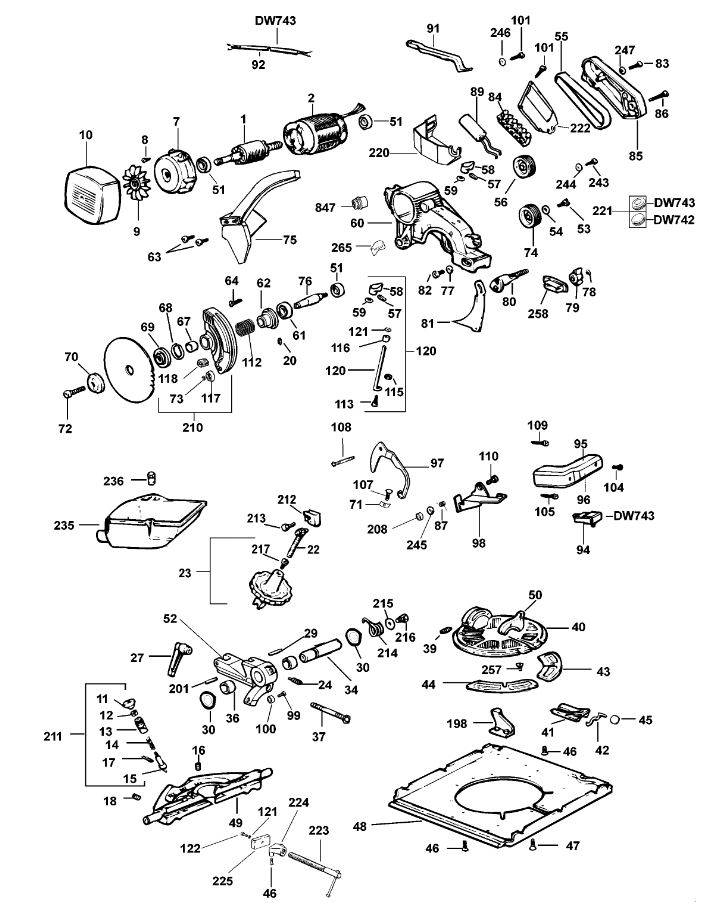 ЗАПЧАСТИ ДЛЯ ПИЛЫ КОМБИНИРОВАННОЙ ЭЛЕКТРИЧЕСКОЙ DEWALT DW742 TYPE 4 (МОТОР И ОСНОВАНИЕ)