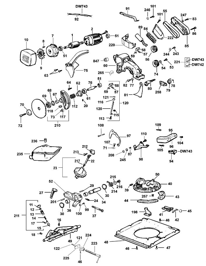 ЗАПЧАСТИ ДЛЯ ПИЛЫ КОМБИНИРОВАННОЙ ЭЛЕКТРИЧЕСКОЙ DEWALT DW742M TYPE 4 (МОТОР И ОСНОВАНИЕ)