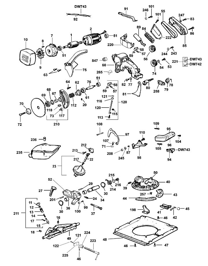 ЗАПЧАСТИ ДЛЯ ПИЛЫ КОМБИНИРОВАННОЙ ЭЛЕКТРИЧЕСКОЙ DEWALT DW743 TYPE 2 (МОТОР И ОСНОВАНИЕ)