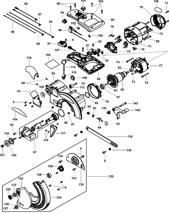 ЗАПЧАСТИ ДЛЯ ПИЛЫ ТОРЦОВОЧНОЙ ЭЛЕКТРИЧЕСКОЙ DEWALT DW712 TYPE 1 (МОТОР И КОРПУС)