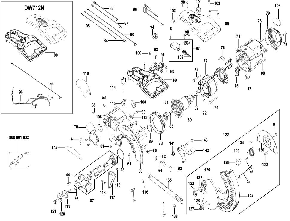 ЗАПЧАСТИ ДЛЯ ПИЛЫ ТОРЦОВОЧНОЙ ЭЛЕКТРИЧЕСКОЙ DEWALT DW712 TYPE 3 (МОТОР И КОРПУС)