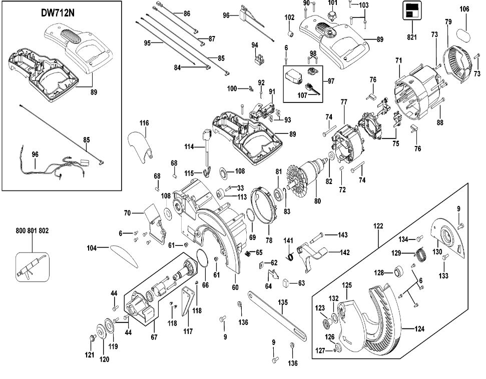 ЗАПЧАСТИ ДЛЯ ПИЛЫ ТОРЦОВОЧНОЙ ЭЛЕКТРИЧЕСКОЙ DEWALT DW712 TYPE 5 (МОТОР И КОРПУС)