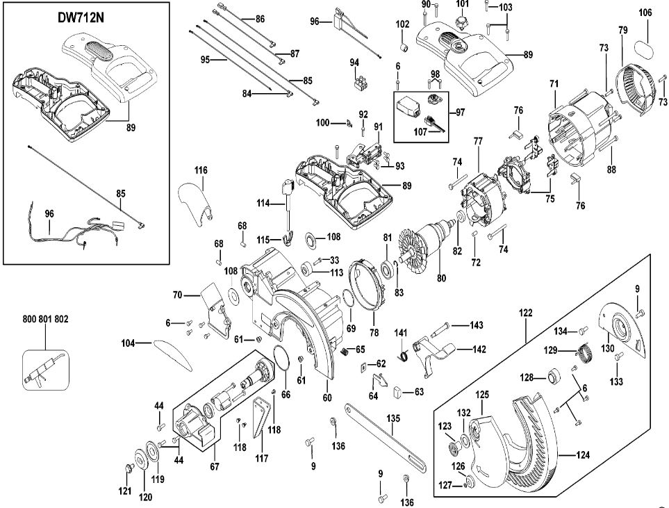 ЗАПЧАСТИ ДЛЯ ПИЛЫ ТОРЦОВОЧНОЙ ЭЛЕКТРИЧЕСКОЙ DEWALT DW712N TYPE 1 (МОТОР И КОРПУС)