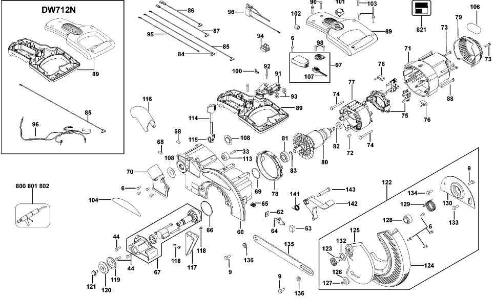 ЗАПЧАСТИ ДЛЯ ПИЛЫ ТОРЦОВОЧНОЙ ЭЛЕКТРИЧЕСКОЙ DEWALT DW712N TYPE 2 (МОТОР И КОРПУС)