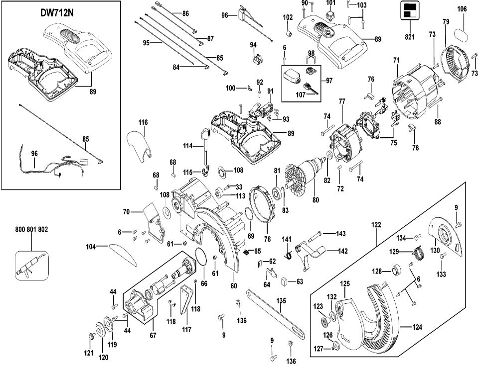 ЗАПЧАСТИ ДЛЯ ПИЛЫ ТОРЦОВОЧНОЙ ЭЛЕКТРИЧЕСКОЙ DEWALT DW712N TYPE 3 (МОТОР И КОРПУС)